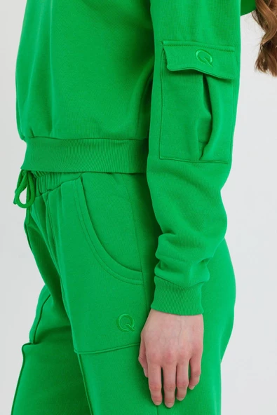 Kadın Kapüşonlu 3 İplik Sweatshirt Yeşil - Resim 2