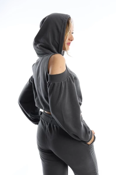 Kadın Kapüşonlu Omuz Dekolteli Sweatshirt Antrasit - Resim 5