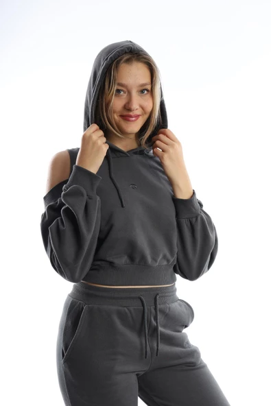 Kadın Kapüşonlu Omuz Dekolteli Sweatshirt Antrasit - Resim 3