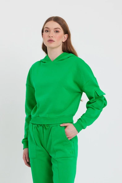 Kadın Kapüşonlu 3 İplik Sweatshirt Yeşil ürün görseli 1