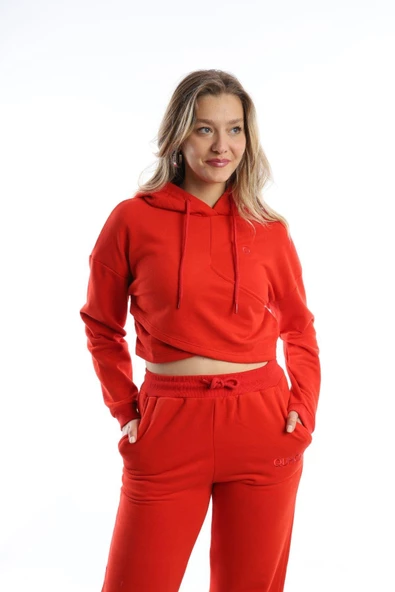 Kadın Kruvaze Detaylı Kapüşonlu Crop Sweat Kırmızı ürün görseli 1