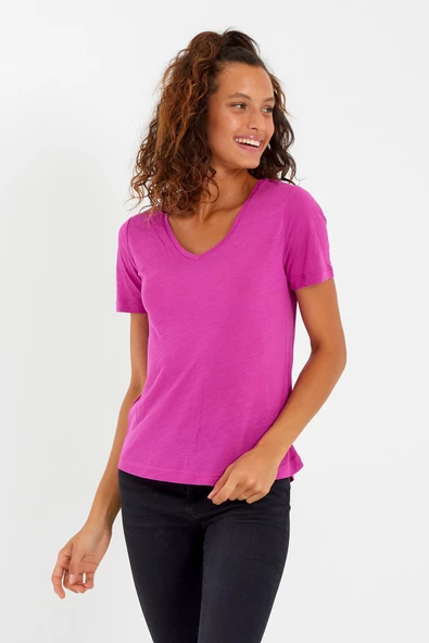 Kadın Modal Kumaş V Yaka Parçalı T-shirt Fuşya ürün görseli 1