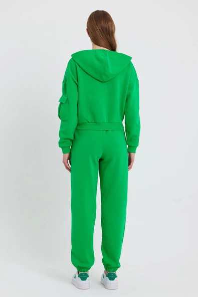 Kadın Kapüşonlu 3 İplik Sweatshirt Yeşil - Resim 4