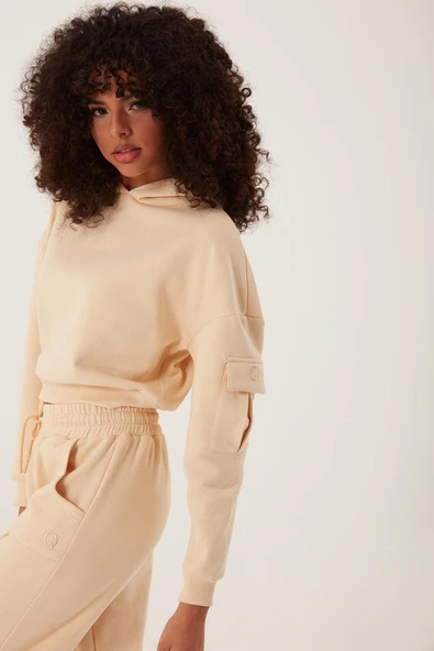 Kadın Kapüşonlu 3 İplik Sweatshirt Bej - Resim 3