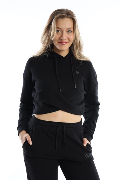 Kadın Kruvaze Detaylı Kapüşonlu Crop Sweat Siyah ürün görseli 1