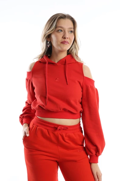Kadın Kapüşonlu Omuz Dekolteli Sweatshirt Kırmızı ürün görseli 1