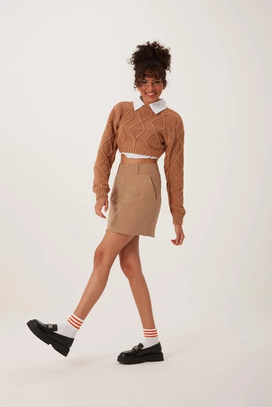 Kadın Triko Sweatshirt Taba - Resim 2