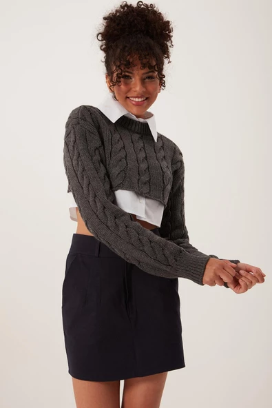 Kadın Triko Crop Sweatshirt Antrasit ürün görseli 1