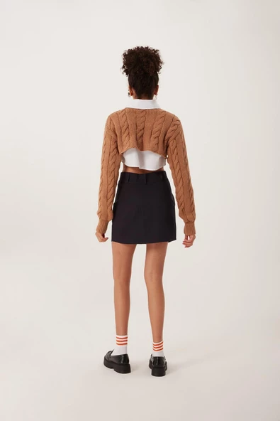Kadın Triko Crop Sweatshirt Taba - Resim 4