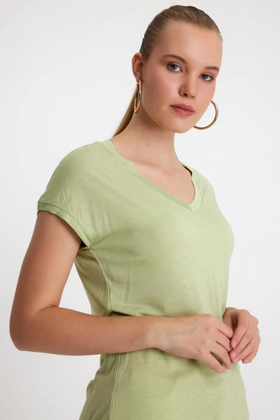 Kadın Bambu kumaş V Yaka T-shirt  Mint - Resim 2