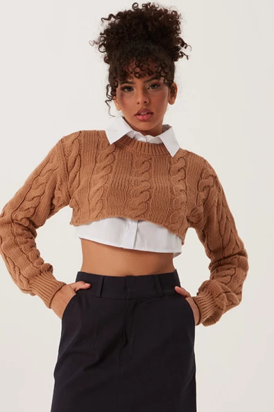 Kadın Triko Crop Sweatshirt Taba ürün görseli 1
