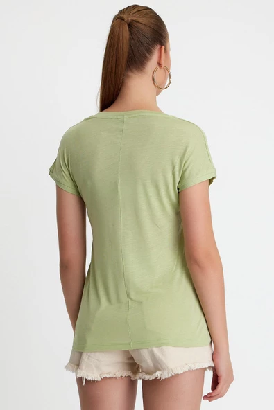 Kadın Bambu kumaş V Yaka T-shirt  Mint - Resim 4