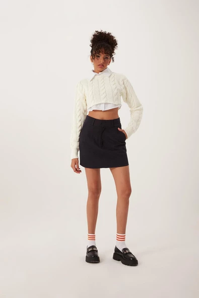Kadın Triko Crop Sweatshirt Krem - Resim 3