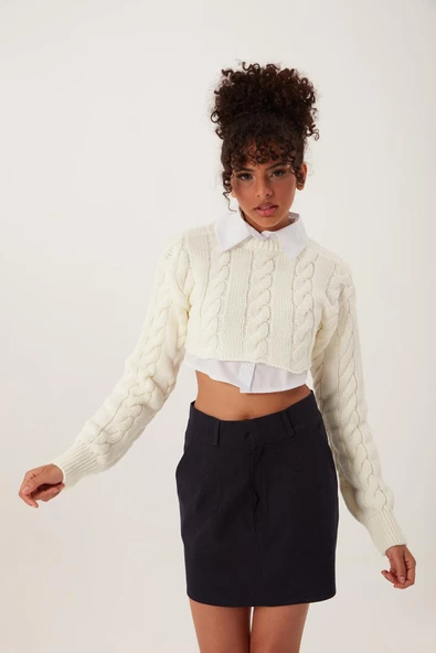 Kadın Triko Crop Sweatshirt Krem - Resim 2