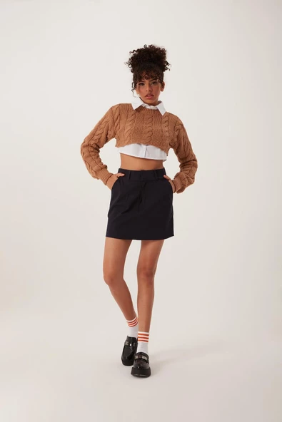 Kadın Triko Crop Sweatshirt Taba - Resim 2