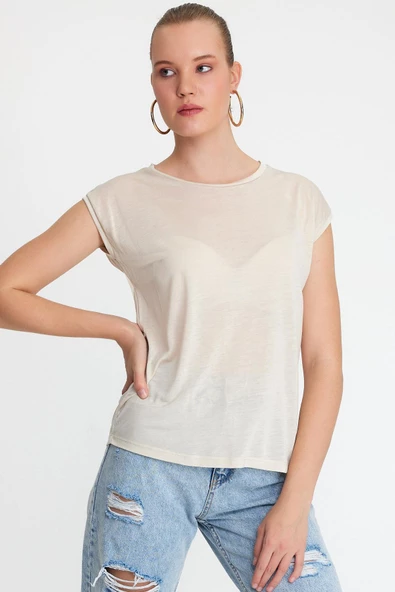 Kadın Tencel Kumaş Bisiklet Yaka T-shırt Taş ürün görseli 1