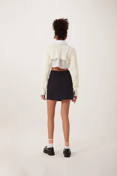 Kadın Triko Crop Sweatshirt Krem - Resim 4