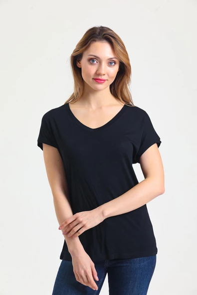 Kadın Bambu Kumaş V Yaka T-shirt Siyah ürün görseli 1