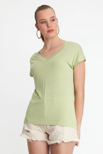 Kadın Bambu kumaş V Yaka T-shirt  Mint ürün görseli 1