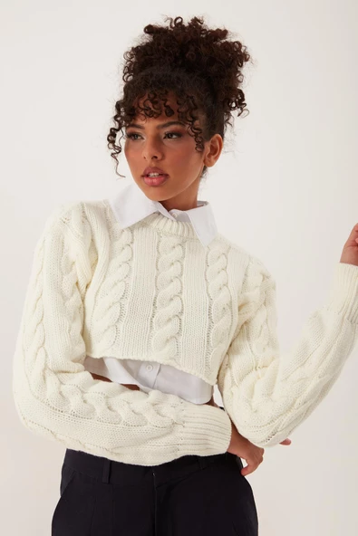 Kadın Triko Crop Sweatshirt Krem ürün görseli 1