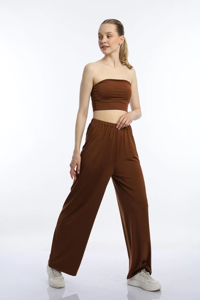 Kadın Allegro Kumaş Crop / Pantolon Takım Kahverengi ürün görseli 1