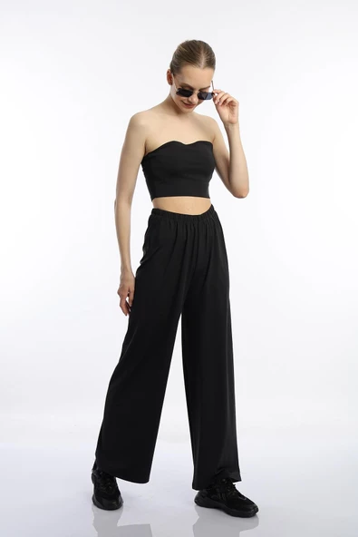 Kadın Allegro Kumaş Crop / Pantolon Takım Siyah ürün görseli 1