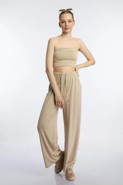 Kadın Allegro Kumaş Crop / Pantolon Takım Vizon ürün görseli 1