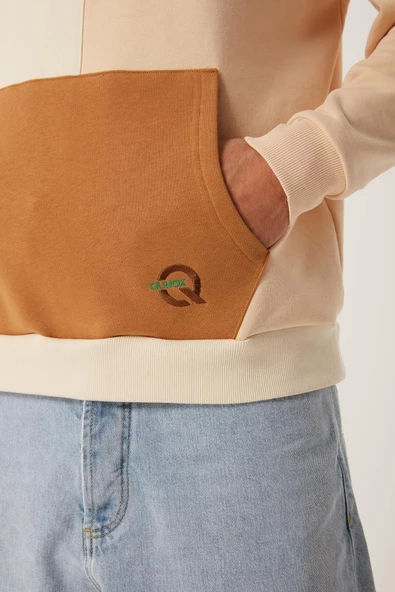 Erkek Parçalı 3 İplik Sweatshirt Ekru - Resim 2