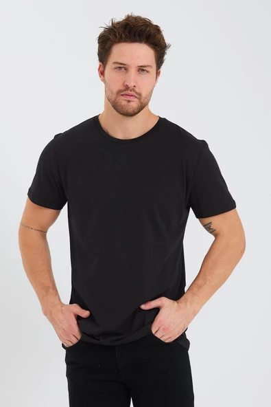 Erkek Pamuk Modal Regular Fit T-shirt Siyah ürün görseli 1