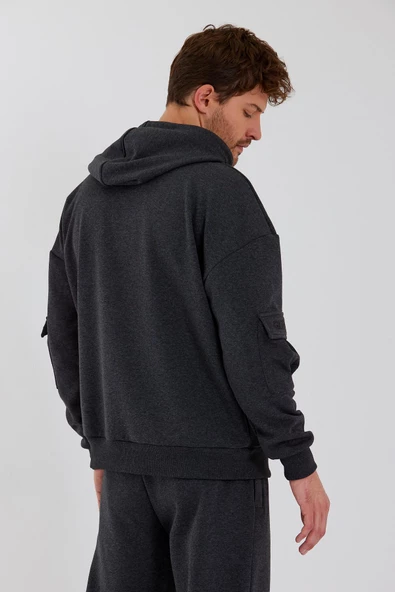 Erkek Kapüşonlu Kanguru Cepli Sweatshirt Antrasit - Resim 4
