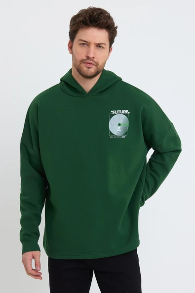 Erkek Oversize Baskılı Sweatshirt Yeşil - Resim 4