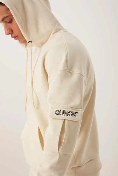Erkek Kapüşonlu Kanguru Cepli Sweatshirt Ekru - Resim 2