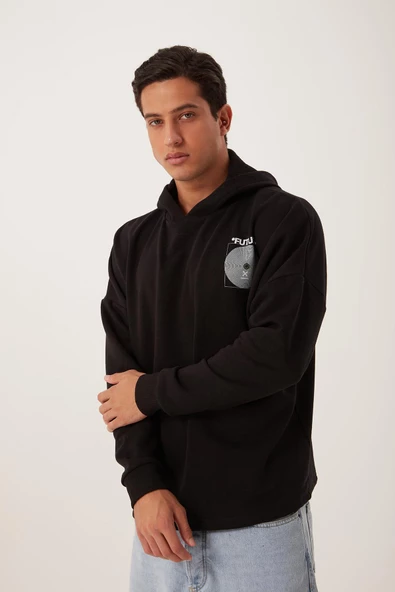 Erkek Oversize Baskılı Sweatshirt Siyah ürün görseli 1