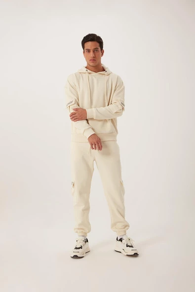 Erkek Kapüşonlu Kanguru Cepli Sweatshirt Ekru - Resim 3