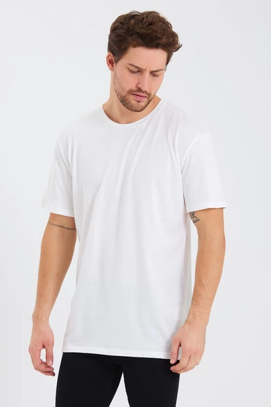Erkek Pamuk Modal Oversize T-shirt Beyaz ürün görseli 1