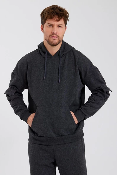 Erkek Kapüşonlu Kanguru Cepli Sweatshirt Antrasit ürün görseli 1
