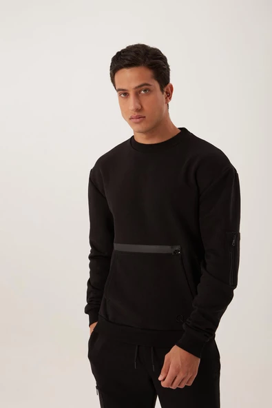 Erkek Fermuar Detaylı Sweatshirt Siyah ürün görseli 1