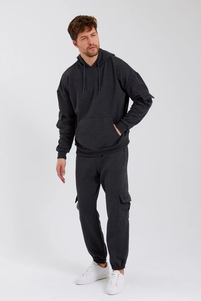 Erkek Kapüşonlu Kanguru Cepli Sweatshirt Antrasit - Resim 3