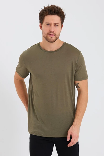 Erkek Tencel Kumaş Bisiklet Yaka T-shirt Haki ürün görseli 1