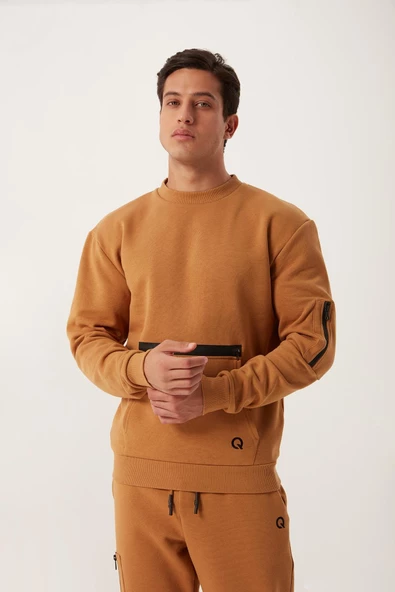 Erkek Fermuar Detaylı Sweatshirt Kahverengi ürün görseli 1