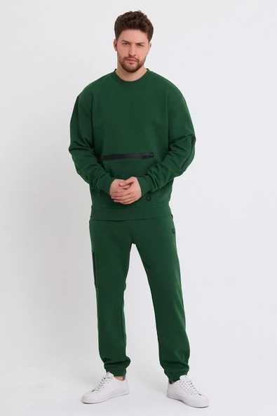 Erkek Fermuar Detaylı Sweatshirt Yeşil - Resim 4