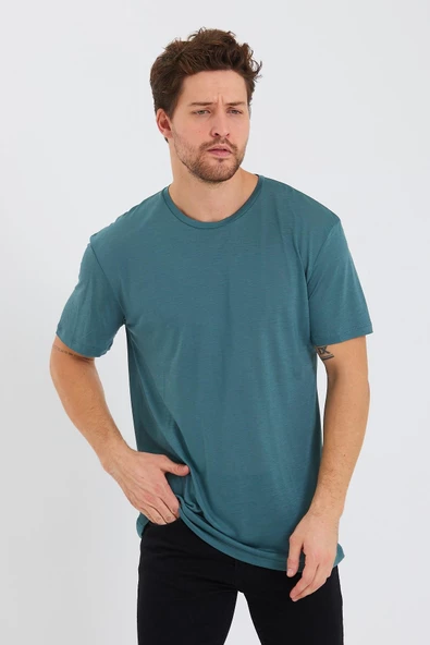 Erkek Tencel Kumaş Oversize T-shırt Nefti ürün görseli 1