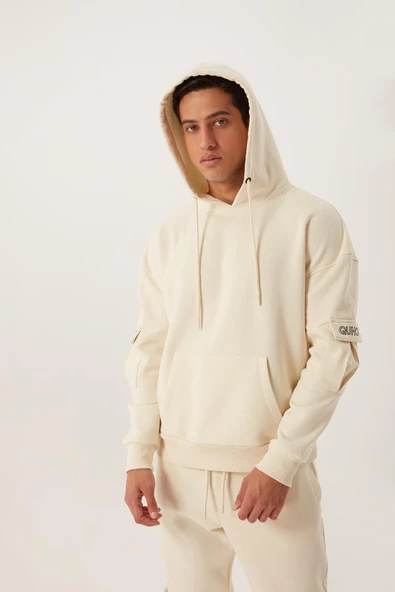 Erkek Kapüşonlu Kanguru Cepli Sweatshirt Ekru ürün görseli 1