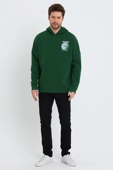 Erkek Oversize Baskılı Sweatshirt Yeşil - Resim 3