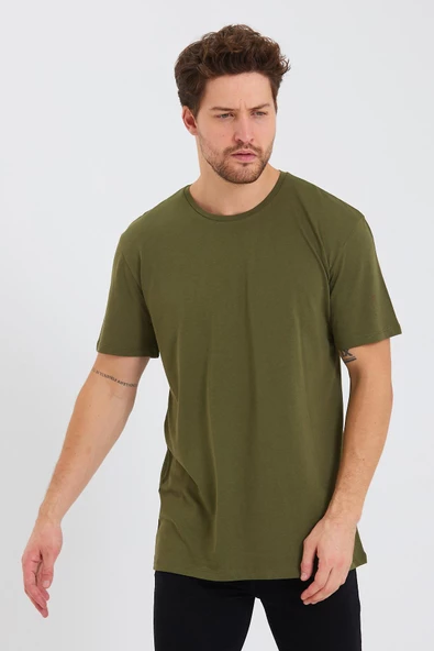 Erkek Pamuk Modal Oversize T-shirt Haki ürün görseli 1