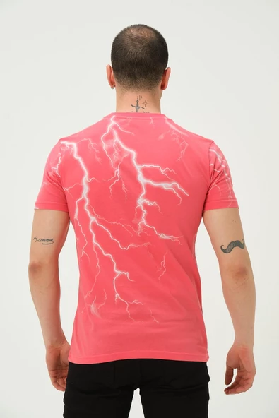 Erkek Şimşek Baskılı Regular Fit Tişört Rose Red - Resim 4