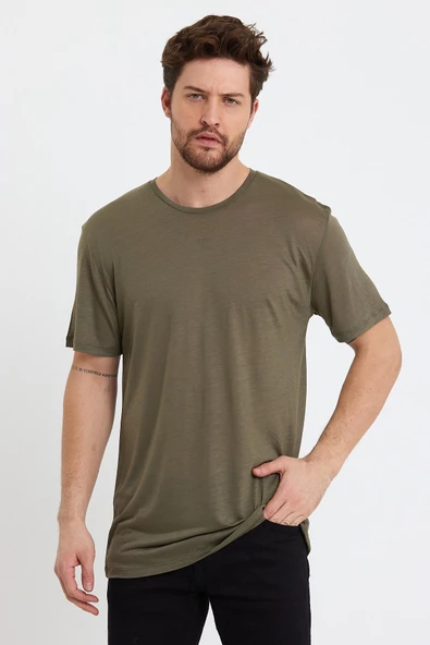 Erkek Tencel Kumaş Oversize T-shırt Haki ürün görseli 1
