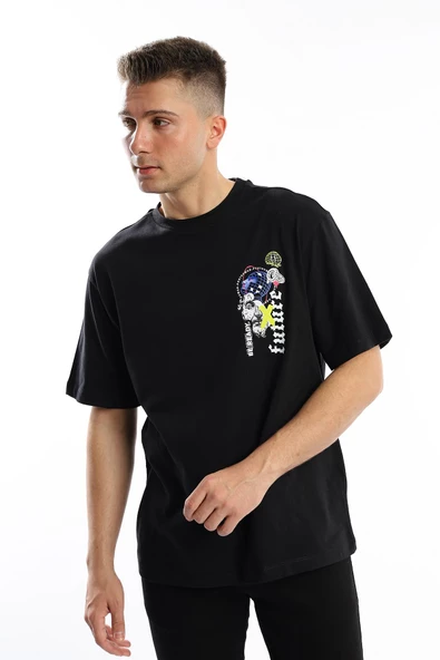 Erkek Oversize Fit Future Baskılı Basic Tişört Siyah - Resim 3