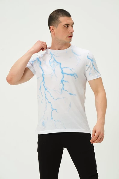 Erkek Şimşek Baskılı Regular Fit Tişört Beyaz - Resim 3