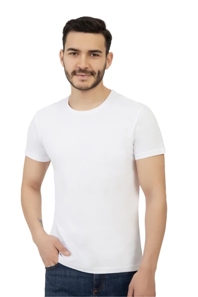 Erkek Bisiklet Yaka Regular Fit Tişört Beyaz ürün görseli 1